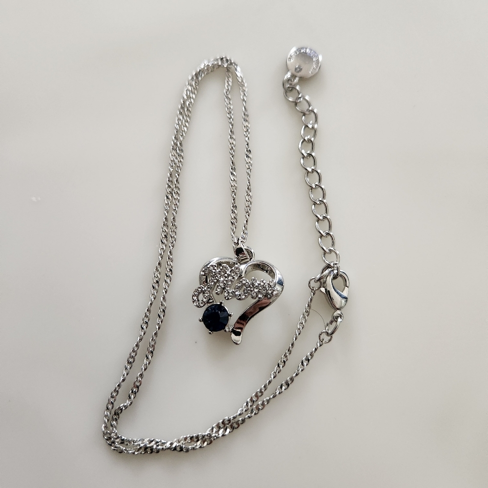 Charter Club Silver Tone Necklace with Crystal Mom Heart Blue Stone Pendant